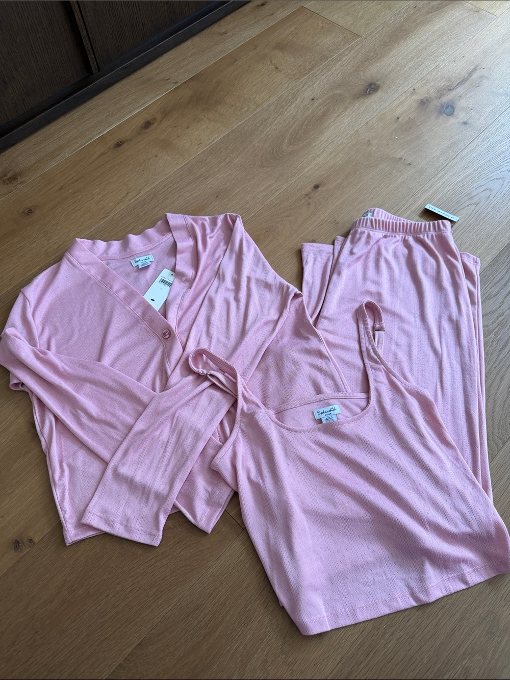 Splendid Light Pink Ribbed 3-Piece Sleep Set — Tank, Cardigan & Pants